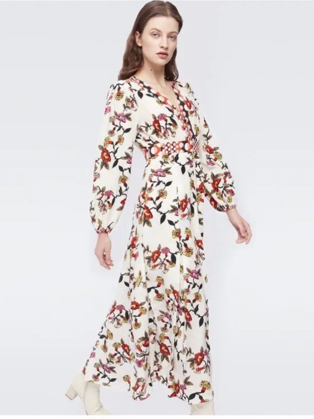 Diana Von furstenberg Floral V-Neck Long Sleeve Maxi Dress Sz 6 nwt